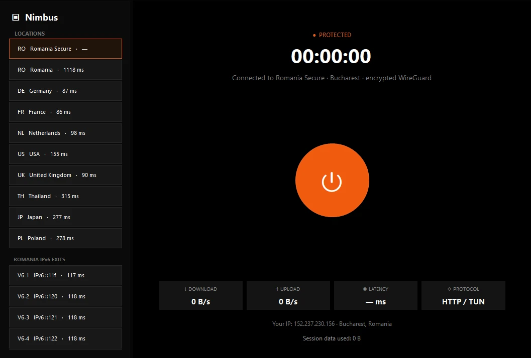 Nimbus for Windows, connected to Romania Secure